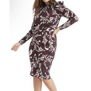 Eloquii Sheath Dress Women 16 Burgundy Paisley NWT Ruched Ruffle Shoulder Midi
